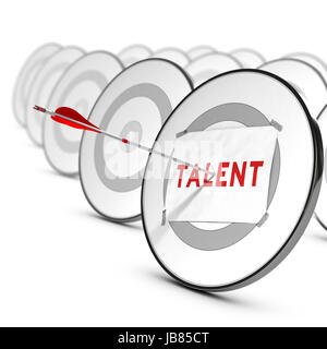 One arrow hitting the center of a grey target. A sheet of paper with the word TALENTS is fixed on it. Many other targets around the main one. Concept of talents recruitment. Stock Photo