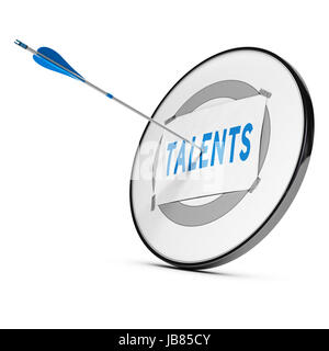 One arrow hitting the center of a grey target. A sheet of paper with the word TALENTS is fixed on it. Concept of talents recruitment. Stock Photo