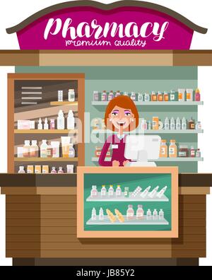 Pharmacy, pharmaceutics, drugstore. Medicine, drug, medication concept. Cartoon vector illustration Stock Vector