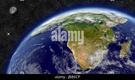 South Africa region on planet Earth from space with Moon and stars in the background. Elements of this image furnished by NASA. Stock Photo