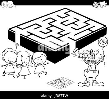 Cartoon Illustration of Education Maze or Labyrinth Game for Kids with Children and Clown Coloring Page Stock Vector