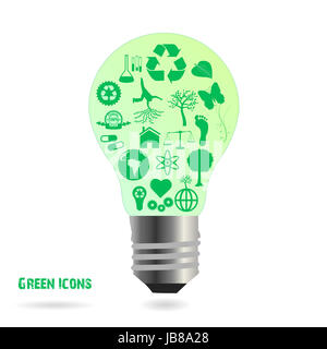 Image of an eco-friendly lightbulb with icons isolated on a white background. Stock Photo