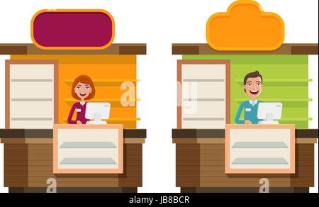 Shop, store, counter, shopping icon. Storefront, showcase, exhibition stand, exhibit, reception, show concept. Cartoon vector illustration Stock Vector