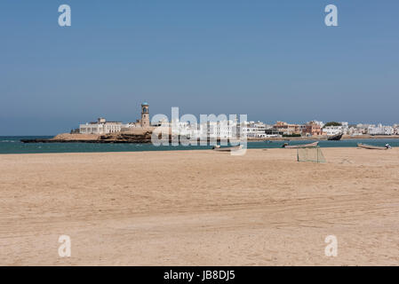 Al Ayjah lighthouse was built by the Portuguese to guide the boats and dhows to safe harbor to the lagoon, It  had been renovated, Sur, Oman Stock Photo