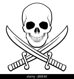 Skull with crossed sabers beneath. Black-and white illustration of pirate symbol Stock Photo