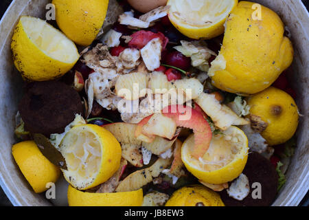 Compost bin full of vegetables and fruit remains Stock Photo