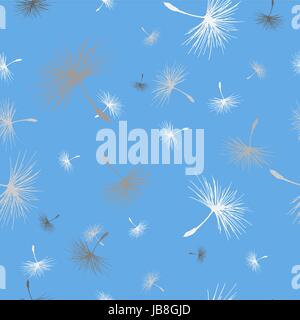 Blue background seamless pattern with dandelion fluffy seeds. Beautiful nature backdrop. Vector illustration Stock Vector