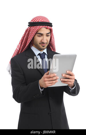 Arab saudi emirates business man using a tablet reader isolated on a white background Stock Photo