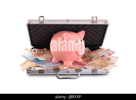 Metal briefcase full of cash, isolated on white Stock Photo