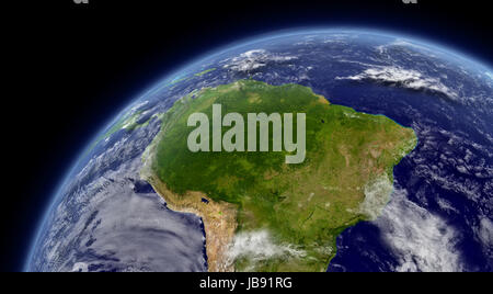 South America viewed from space with atmosphere and clouds. Elements of this image furnished by NASA. Stock Photo