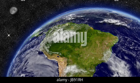 South America region on planet Earth from space with Moon and stars in the background. Elements of this image furnished by NASA. Stock Photo