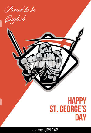 Poster greeting card Illustration of knight in full armor with sword and shield with England English flag done in retro style with words Happy St. George's Day A Day for England. Stock Photo