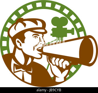 Illustration of a movie director cameraman shouting using bullhorn with vintage camera set inside circle done in retro style. Stock Photo