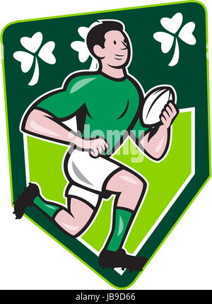 Illustration of an Irish rugby player running with the ball set isnide shield with Ireland shamrock clover leaf done in cartoon style. Stock Photo