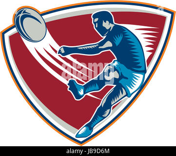 Illustration of a rugby player kicking ball front view set inside shield on isoalated background done in retro woodcut style. Stock Photo