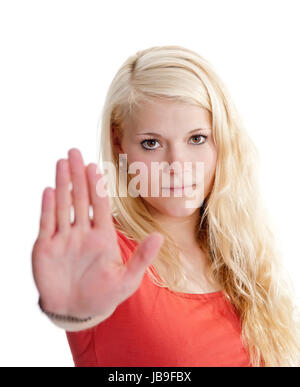 junge Frau zeigt Stopp Stock Photo