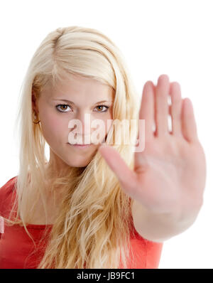 junge Frau zeigt Stopp Stock Photo