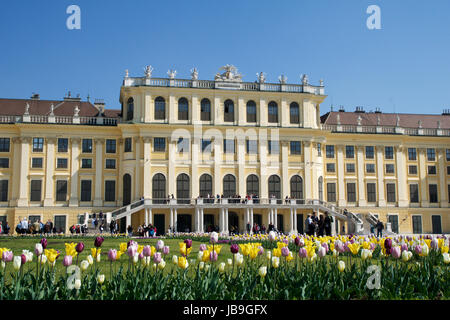 VIENNA, AUSTRIA - APR 30th, 2017: Schonbrunn Palace in Vienna. It's a former imperial 1441-room Rococo summer residence of Sissi Empress Elisabeth of  Stock Photo