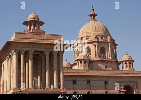 Indian Government buildings at the top of the Raj Path, New Delhi, India. Built circa 1931 AD during British rule. Stock Photo