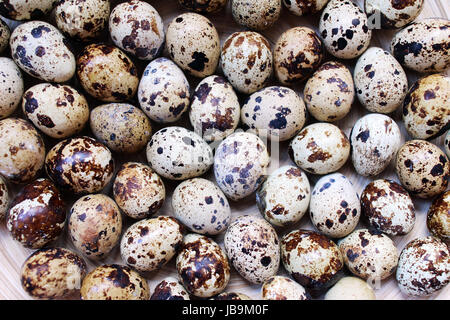 Quail eggs background, top view Stock Photo