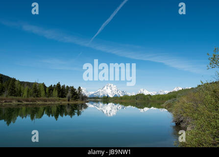 Mount Moran, in the Teton Range, as seen from the Oxbow Bend on the Snake River in Grand Teton National Park Wyoming, USA. Stock Photo