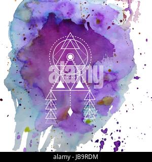 Sacred geometry forms. Magical totem. Alchemy, religion, philosophy, hipster elements and logo. Bohemian ethnic symbol on watercolor background Stock Vector