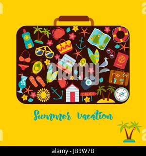 Set of summer icons inside a suitcase. Stock Vector