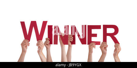 Many People Holding the Red Word Winner, Isolated Stock Photo