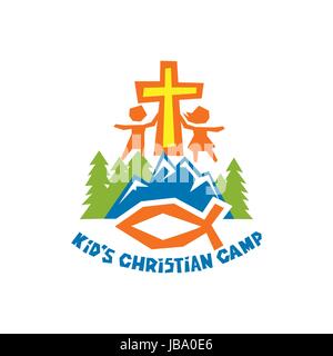 Logo of kid's Christian camp. Fish, the cross of Jesus, children, mountains and trees Stock Vector