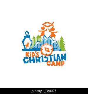 Logo of kid's Christian camp. Fish is a sign of Jesus, children, mountains and a compass. Stock Vector