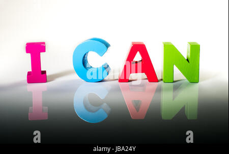 Multicolored text I can made of wood. White background Stock Photo