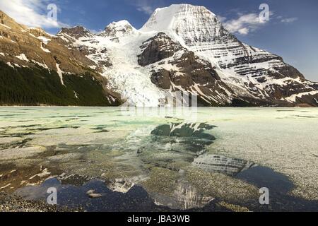 Berg Lake Frozen Ice and Mount Robson Peak Scenic Landscape, British Columbia Canada Stock Photo