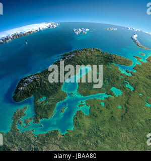 Highly detailed planet Earth in the morning. Exaggerated precise relief lit morning sun. Detailed Earth. Europe. Scandinavia. Elements of this image furnished by NASA Stock Photo