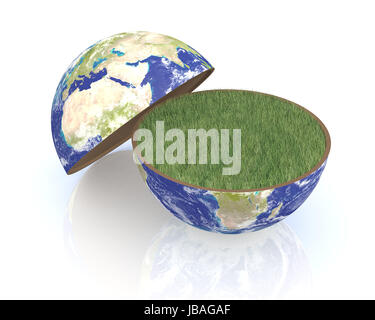 one earth globe divided into two parts, with a lawn; concept of environmental conservation; earth map courtesy of nasa.gov  (3d render) Stock Photo