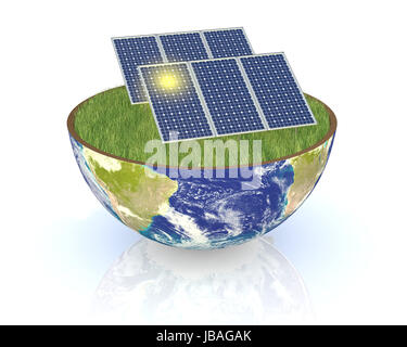 one earth globe divided into two parts, with a lawn and solar panels; concept of renewable energy and environmental conservation; earth map courtesy of nasa.gov  (3d render) Stock Photo