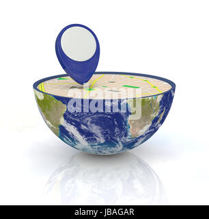 one earth globe divided into two parts, with a gps map and pin; concept of travel and new technologies; earth map courtesy of nasa.gov  (3d render) Stock Photo