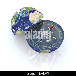 one earth globe divided into two parts, with a compass; concept of travel, but also as metaphor of finding the right way; earth map courtesy of nasa.gov  (3d render) Stock Photo