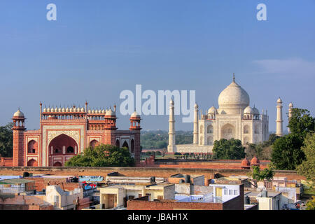 Rooftops of Taj Ganj neighborhood and Taj Mahal in Agra, India. Taj Mahal was build in 1632 by Emperor Shah Jahan as a memorial for his second wife Mu Stock Photo