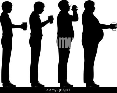 Editable vector silhouette sequence of a man drinking beer and becoming overweight Stock Vector