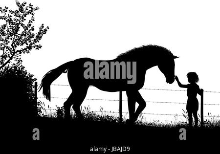Editable vector silhouette of a young girl stroking a horse in a field with figures as separate objects
