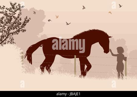 Editable vector illustration of a young girl stroking a horse in a field Stock Vector