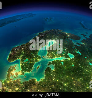 Highly detailed Earth, illuminated by moonlight. The glow of cities sheds light on the detailed exaggerated terrain. Night Earth. Europe. Scandinavia. Elements of this image furnished by NASA Stock Photo