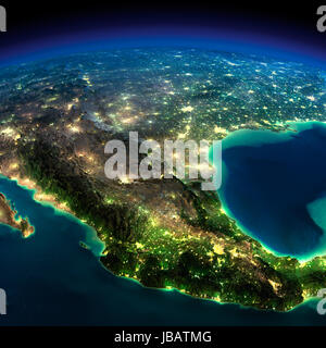 Highly detailed Earth, illuminated by moonlight. The glow of cities sheds light on the detailed exaggerated terrain. North America. Mexico. Elements of this image furnished by NASA Stock Photo