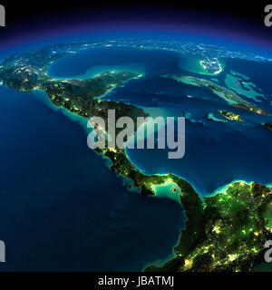 Highly detailed Earth, illuminated by moonlight. The glow of cities sheds light on the detailed exaggerated terrain. Night. The countries of Central America. Elements of this image furnished by NASA Stock Photo