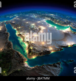 Highly detailed Earth, illuminated by moonlight. The glow of cities sheds light on the detailed exaggerated terrain. Night Earth. Saudi Arabia. Elements of this image furnished by NASA Stock Photo