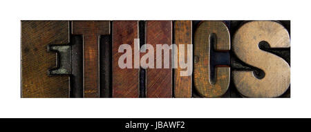 The word ETHICS written in vintage letterpress type Stock Photo
