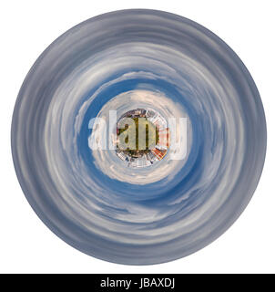 little planet - little planet with forest and hoses in grey autumn clouds isolated on white background Stock Photo