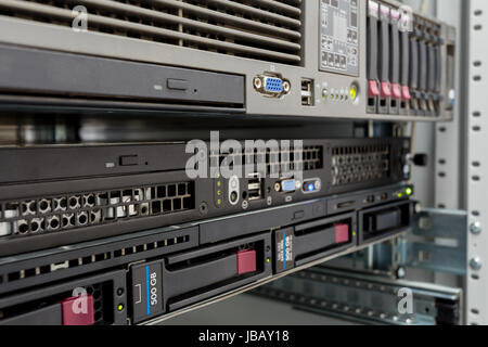 servers stack with hard drives in a datacenter for backup and data storage Stock Photo