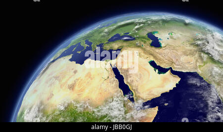 Middle East viewed from space with atmosphere and clouds. Elements of this image furnished by NASA. Stock Photo