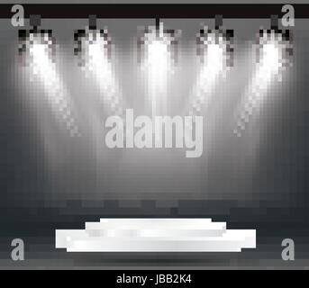 Stage Illumination Effects with Spotlights and White Podium. Vector Illustration. Stock Vector